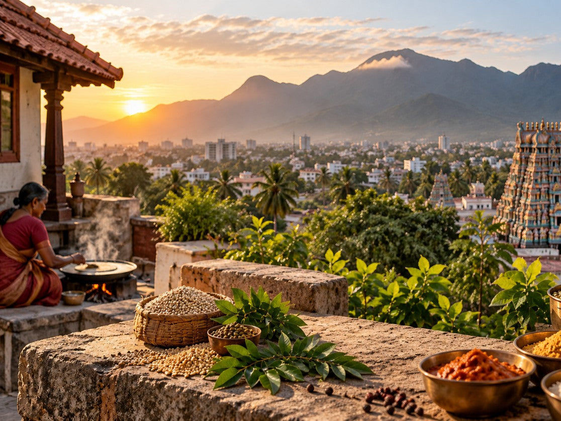 Early morning over a South Indian town, with a woman cooking on a tawa and bowls of grains and spices in the foreground